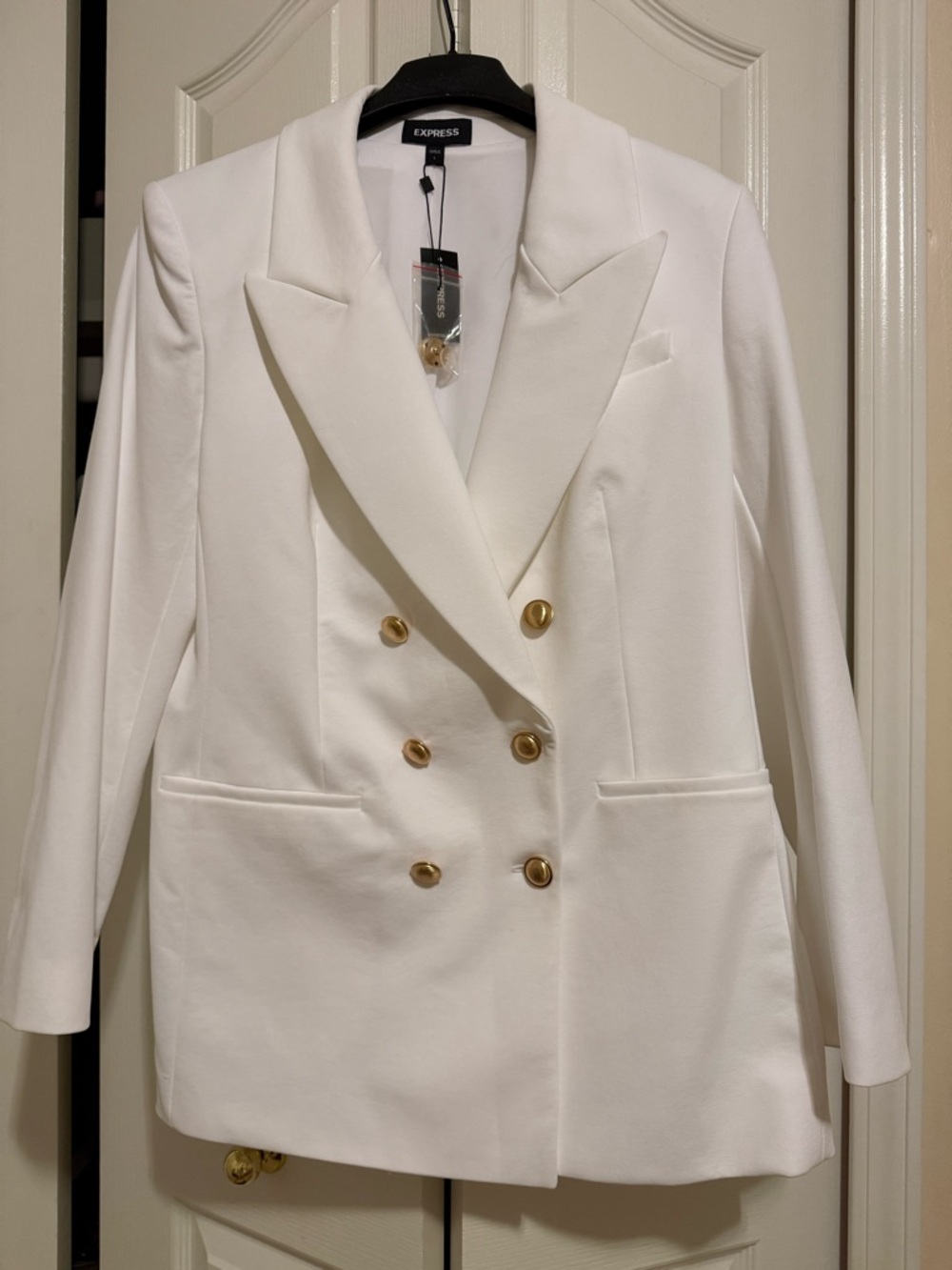 Express Double-Breasted White Blazer with Gold Buttons - Picture 5 of 9